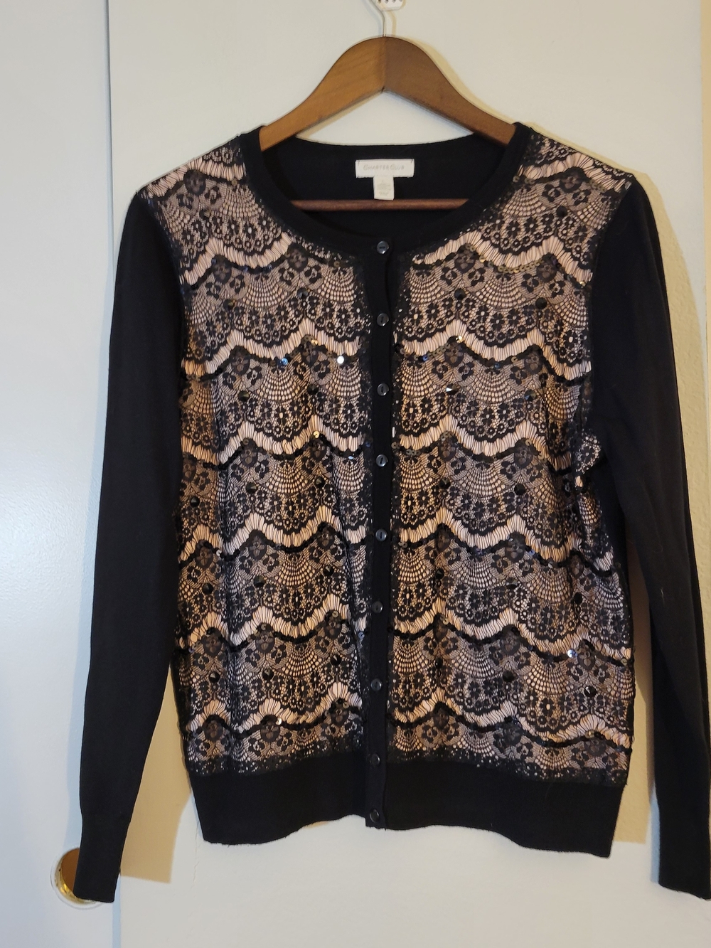 Charter Club Black Cardigan with Pink Lace Overlay
